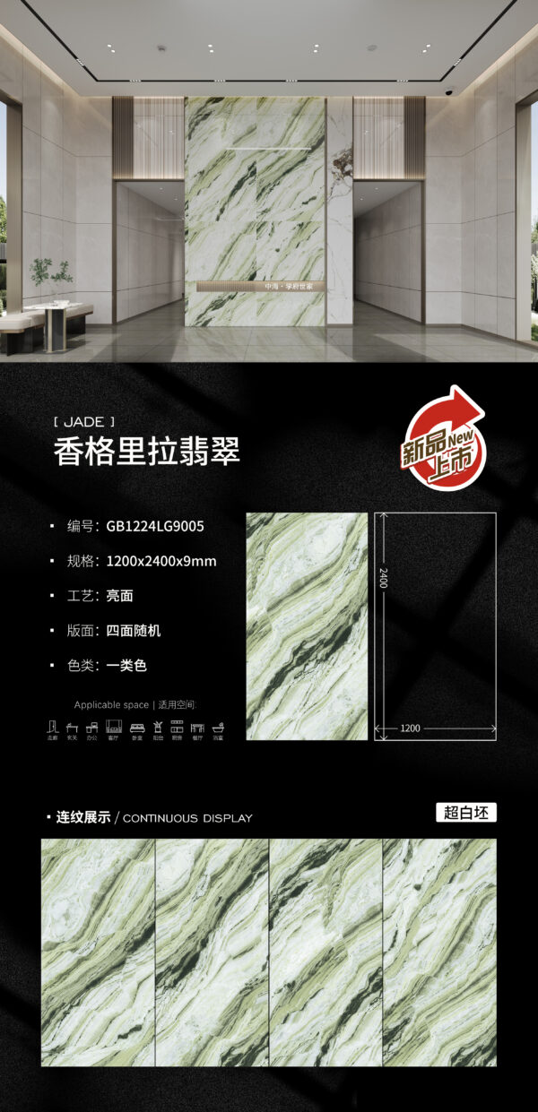 Luxurious Sanctuary Feature Wall Shangri-La Emerald Slab 1200x2400x9mm Glossy Emerald Veining & Unique Luster
