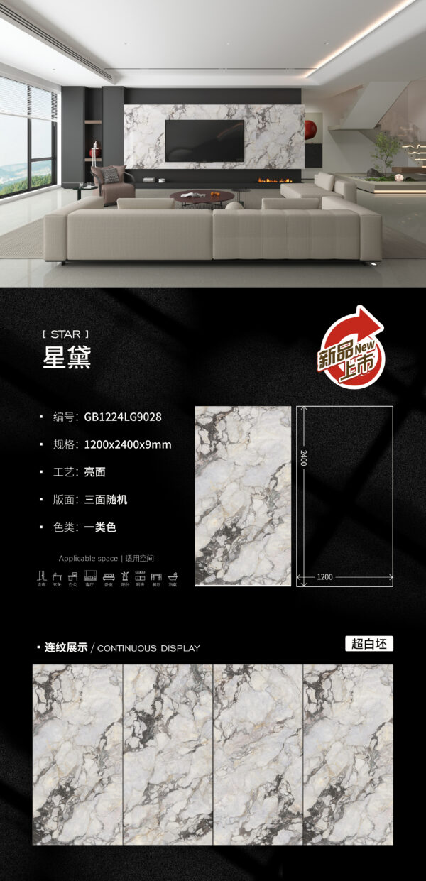 Stardust Glossy Slab 1200x2400x9mm High Hardness & Non-Porous Long-Lasting Sparkle