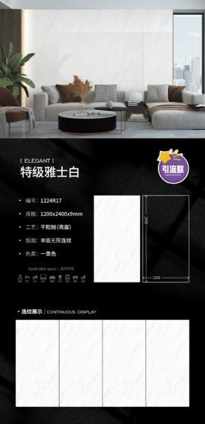 Premium Ash White Glossy Slab 1200x2400x9mm Versatile Thickness Ultimate Purity & Easy-Clean Modern Foundation