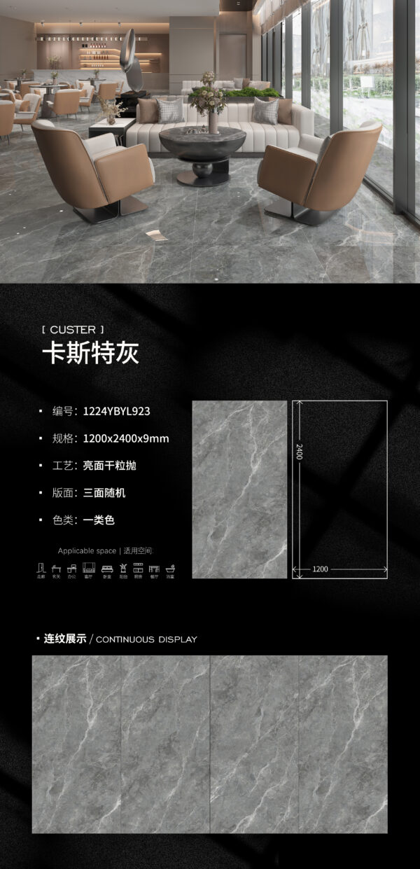 Castle Grey Glossy Slab 1200x2400x9mm Sturdy 9mm Thickness Non-Porous & Modern Essential