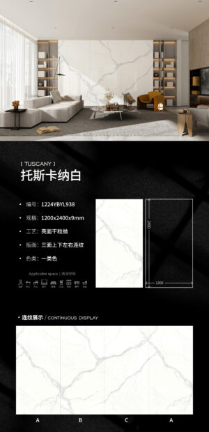 Artistic Rustic Feature Wall Tuscan White Slab 1200x2400x9mm Glossy Warm Veining & Sunlight Reflection