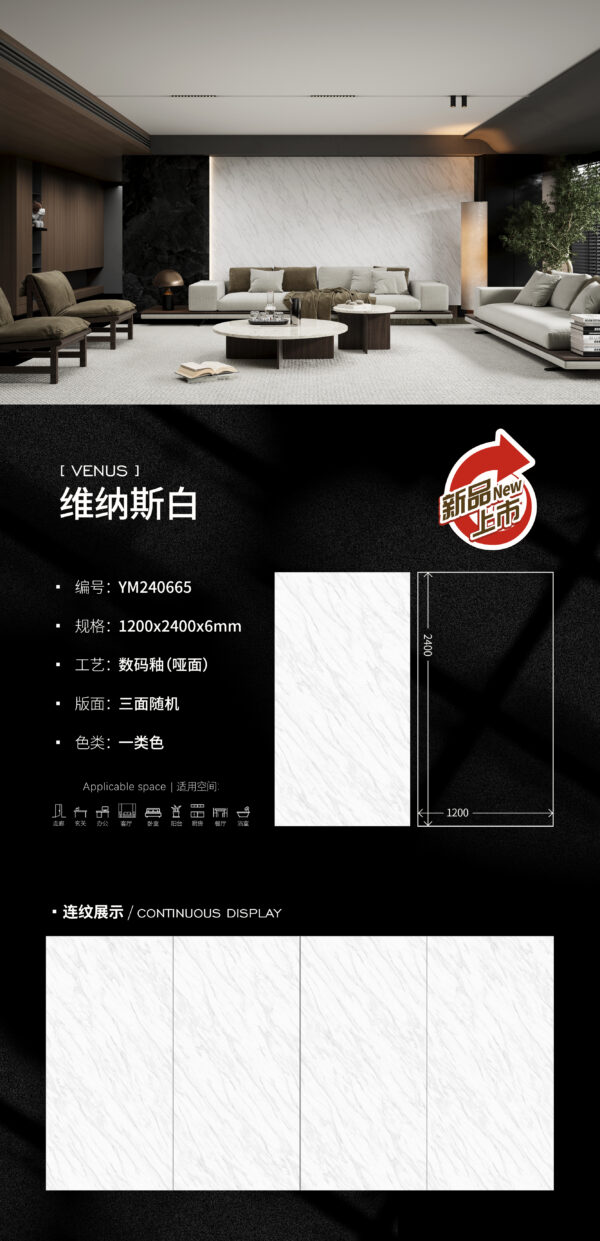 Gallery-Style Feature Wall Venus White Slab 1200x2400x6mm Matte Ultra-Thin & Anti-Glare