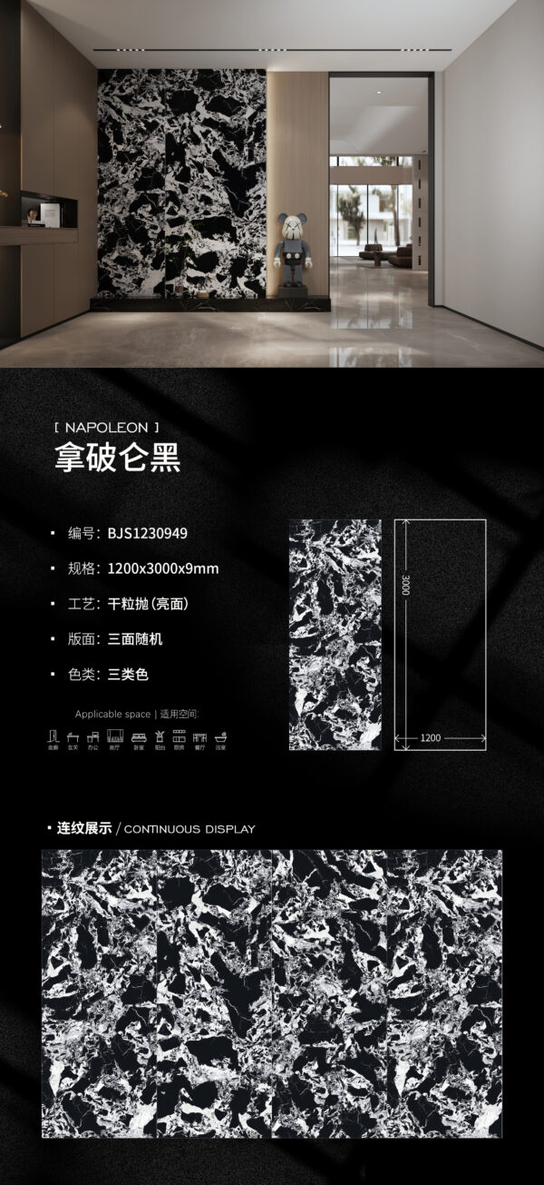 Ultra-Luxury Custom Feature Wall Napoleon Black Slab 9mm Unique Veining & Power Symbol