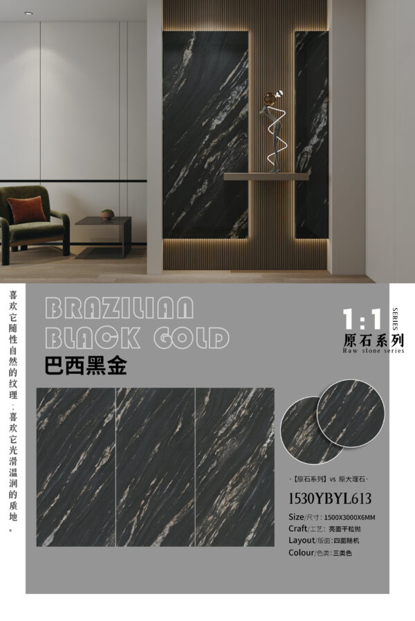 Modern Luxury Theme Background Brazil Black Gold Slab 6mm Raw Stone Series & Deep Sparkle