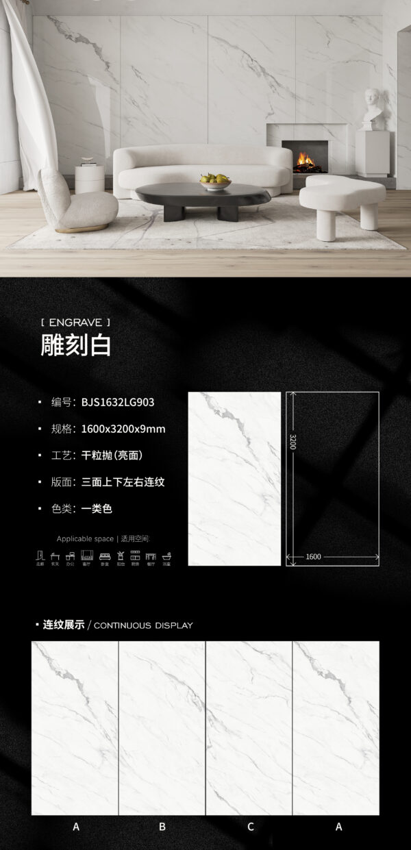 Art Residence Wall & Floor Carved White Slab 1600*3200*9mm Wet-Look Luster & 3D Extension