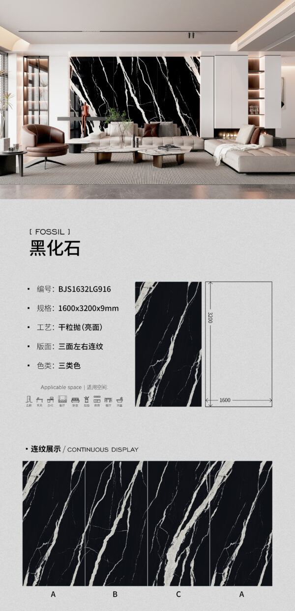 Dark Luxe Mansion Wall & Floor Black Fossil Slab 1600*3200*9mm Deep Lustre & Serene Immersion