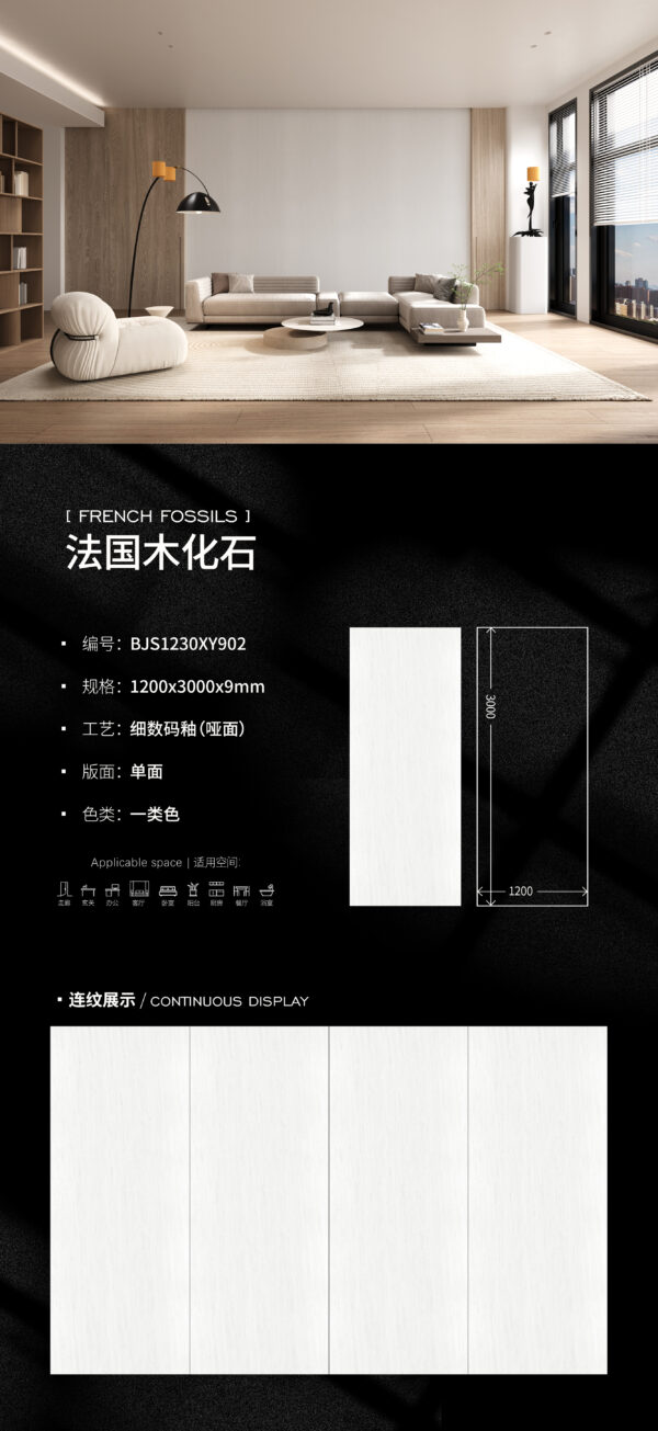 Tranquil Residence Wall & Floor Premium French Fossils White Slab 9mm Matte Touch & Soft Light Reflection