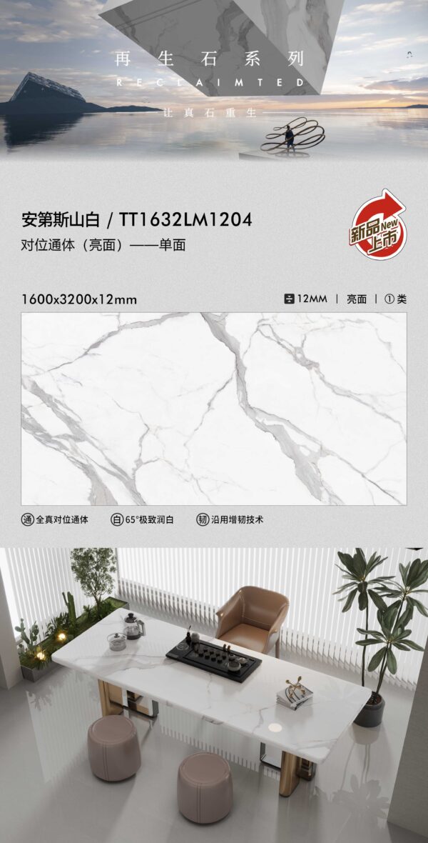 Large Panoramic Kitchen Countertop Andes White Through-Body Slab 1600x3200x12mm Seamless Installation & Food-Safe Surface